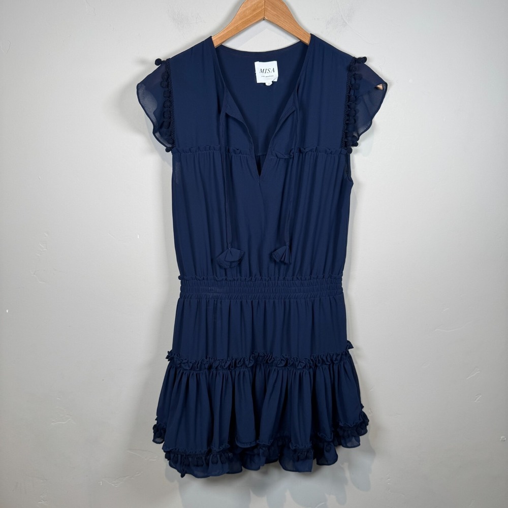 MISA Los Angeles Aryana Dress‎ Navy Small Pom Pom Mini Flutter Sleeve Tiered